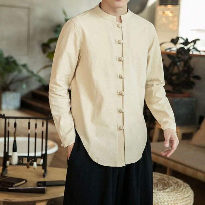 Chemise décontractée en lin à manches longues et col montant avec boutons grenouille et Buddha Stones pour homme - Beige - US/UK/AU46，EU56 (5XL) - image 11