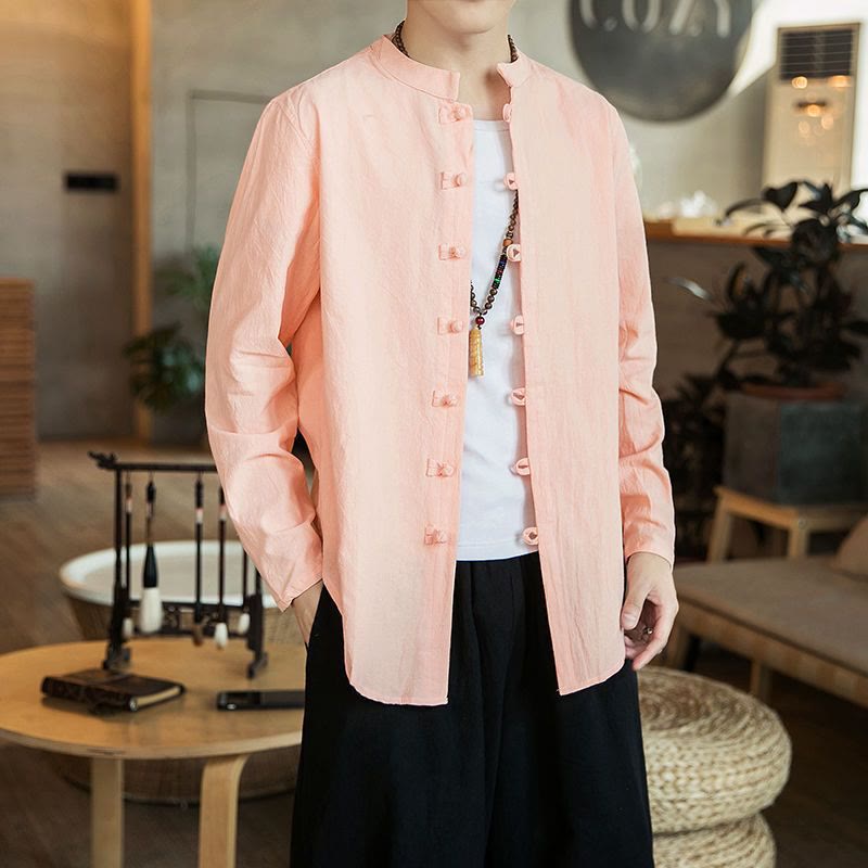 Chemise décontractée en lin à manches longues et col montant avec boutons grenouille et Buddha Stones pour homme - Rose clair - US/UK/AU46，EU56 (5XL) - image 13