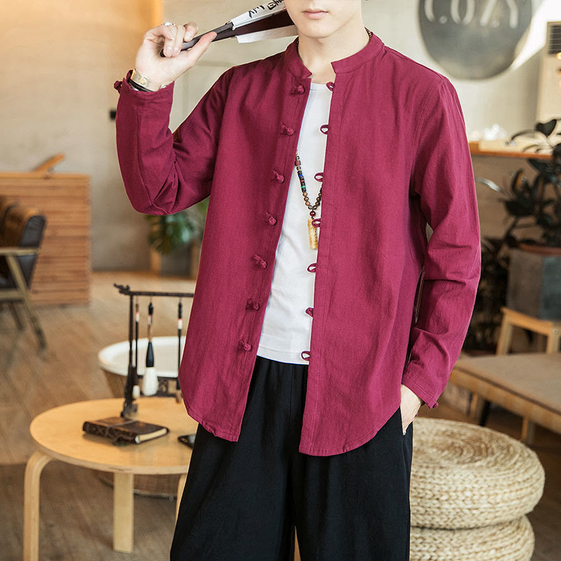 Chemise décontractée en lin à manches longues et col montant avec boutons grenouille et Buddha Stones pour homme - Cramoisi - US/UK/AU46，EU56 (5XL) - image 15
