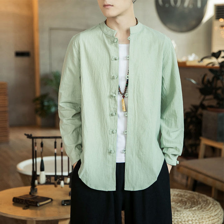 Chemise décontractée en lin à manches longues et col montant avec boutons grenouille et Buddha Stones pour homme - Crème à la menthe - US/UK/AU46，EU56 (5XL) - image 12