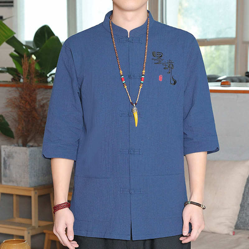 Chemise homme en coton et lin à manches trois-quarts et boutons grenouille motif Buddha Stones - SteelBlue - US/UK/AU46，EU56 (5XL) - image 22