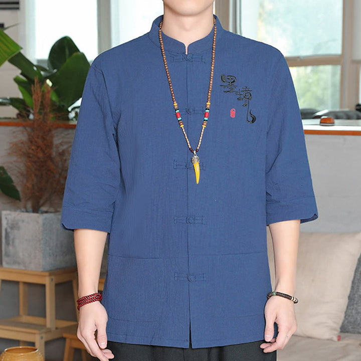 Chemise homme en coton et lin à manches trois-quarts et boutons grenouille motif Buddha Stones - SteelBlue - US/UK/AU46，EU56 (5XL) - image 22