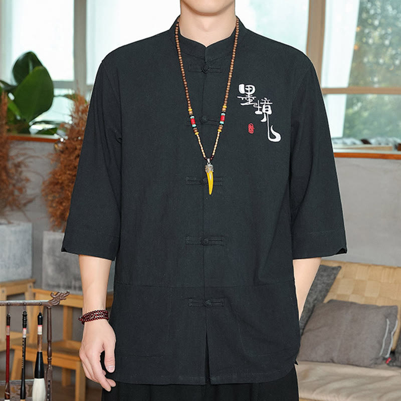 Chemise homme en coton et lin à manches trois-quarts et boutons grenouille motif Buddha Stones - Noir - US/UK/AU46，EU56 (5XL) - image 11