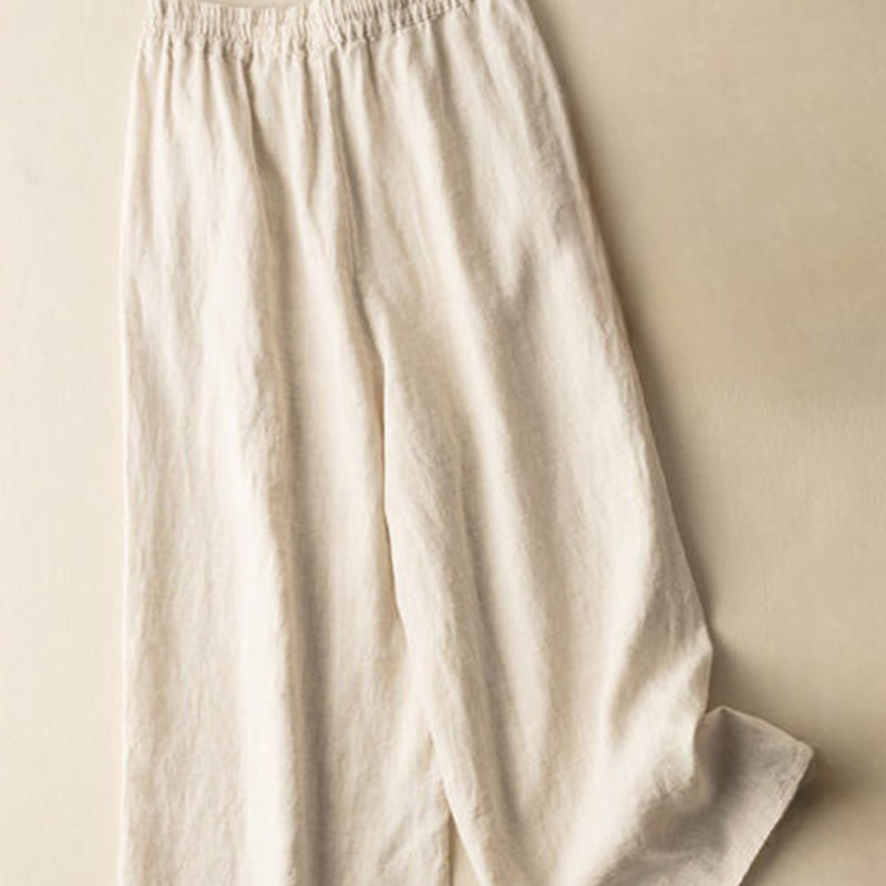 Pantalon large en coton et lin pour femme, Buddha Stones , brodé, motif bohème, avec cordon de serrage, avec poches
