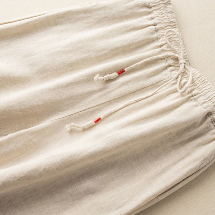 Pantalon large en coton et lin pour femme, Buddha Stones , brodé, motif bohème, avec cordon de serrage, avec poches