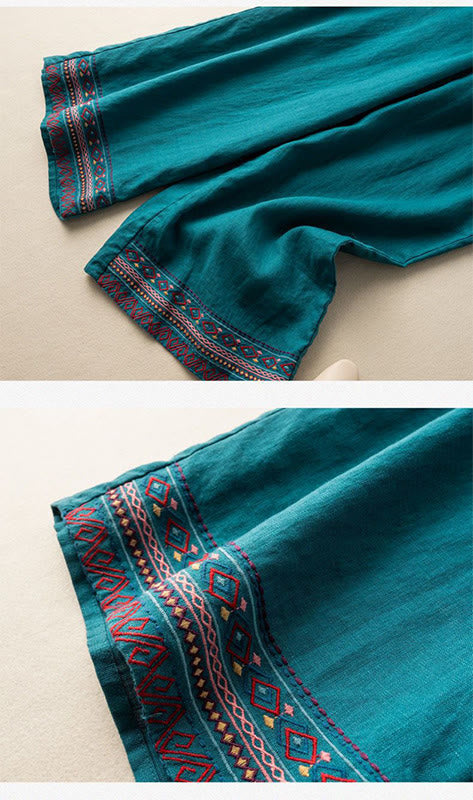 Pantalon large en coton et lin pour femme, Buddha Stones , brodé, motif bohème, avec cordon de serrage, avec poches