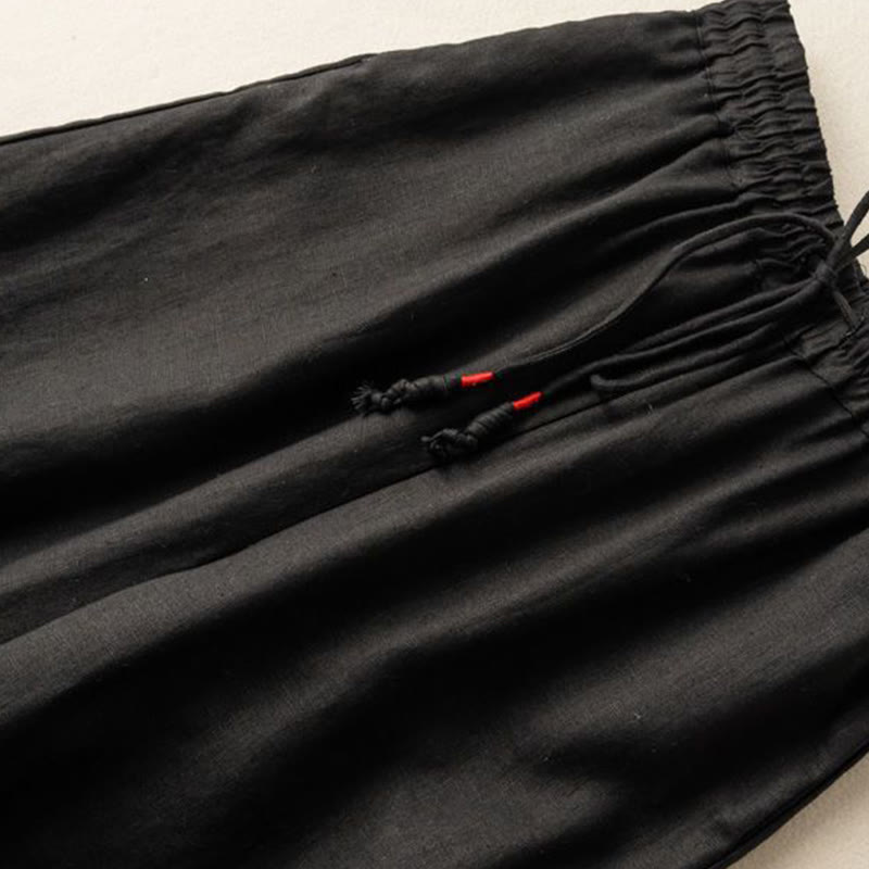 Pantalon large en coton et lin pour femme, Buddha Stones , brodé, motif bohème, avec cordon de serrage, avec poches