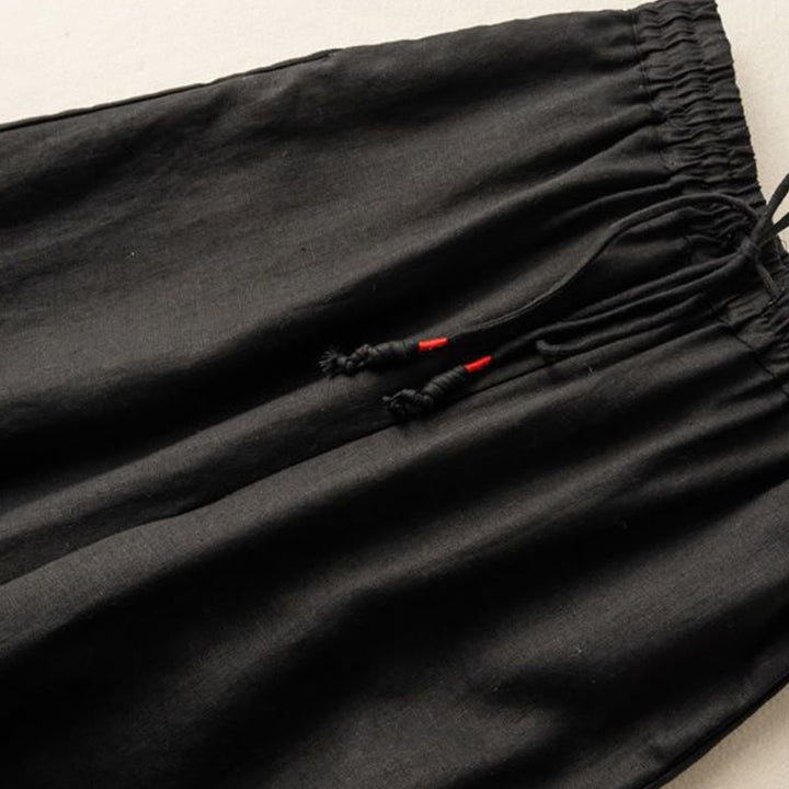 Pantalon large en coton et lin pour femme, Buddha Stones , brodé, motif bohème, avec cordon de serrage, avec poches