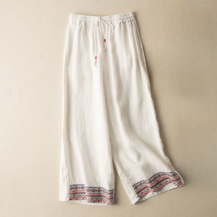 Pantalon large en coton et lin pour femme, Buddha Stones , brodé, motif bohème, avec cordon de serrage, avec poches
