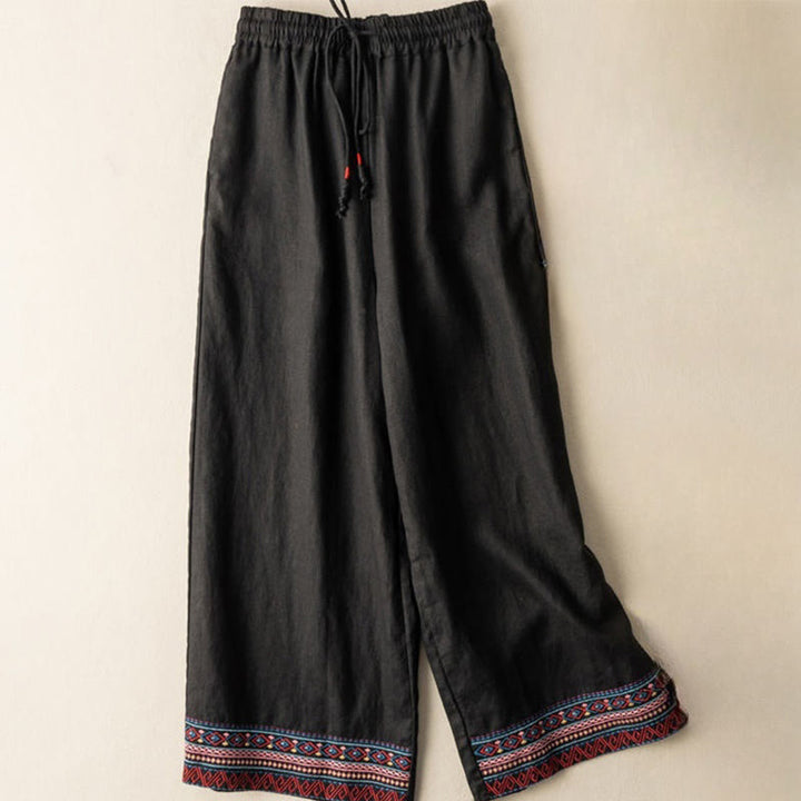 Pantalon large en coton et lin pour femme, Buddha Stones , brodé, motif bohème, avec cordon de serrage, avec poches