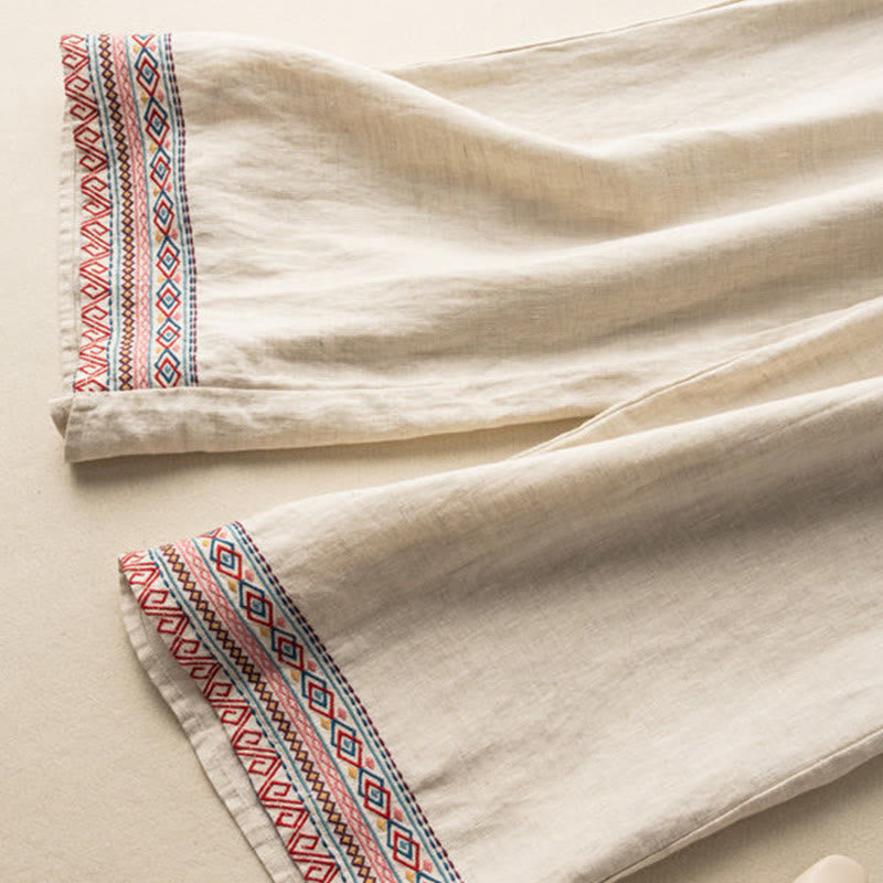 Pantalon large en coton et lin pour femme, Buddha Stones , brodé, motif bohème, avec cordon de serrage, avec poches