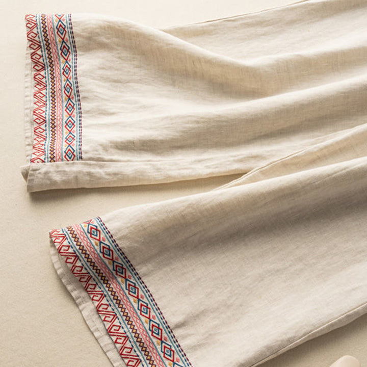 Pantalon large en coton et lin pour femme, Buddha Stones , brodé, motif bohème, avec cordon de serrage, avec poches