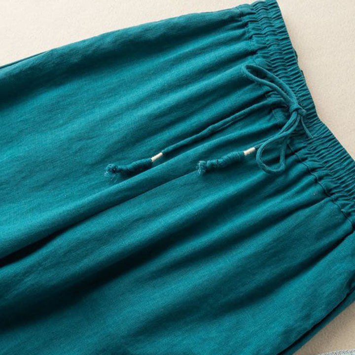 Pantalon large en coton et lin pour femme, Buddha Stones , brodé, motif bohème, avec cordon de serrage, avec poches