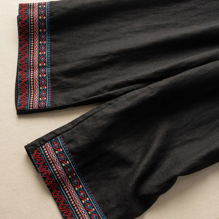 Pantalon large en coton et lin pour femme, Buddha Stones , brodé, motif bohème, avec cordon de serrage, avec poches