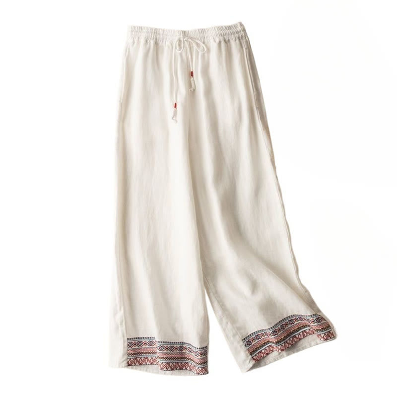 Pantalon large en coton et lin pour femme, Buddha Stones , brodé, motif bohème, avec cordon de serrage, avec poches
