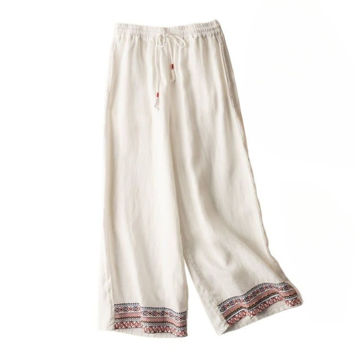 Pantalon large en coton et lin pour femme, Buddha Stones , brodé, motif bohème, avec cordon de serrage, avec poches