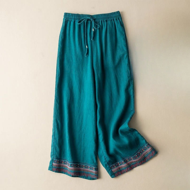 Pantalon large en coton et lin pour femme, Buddha Stones , brodé, motif bohème, avec cordon de serrage, avec poches