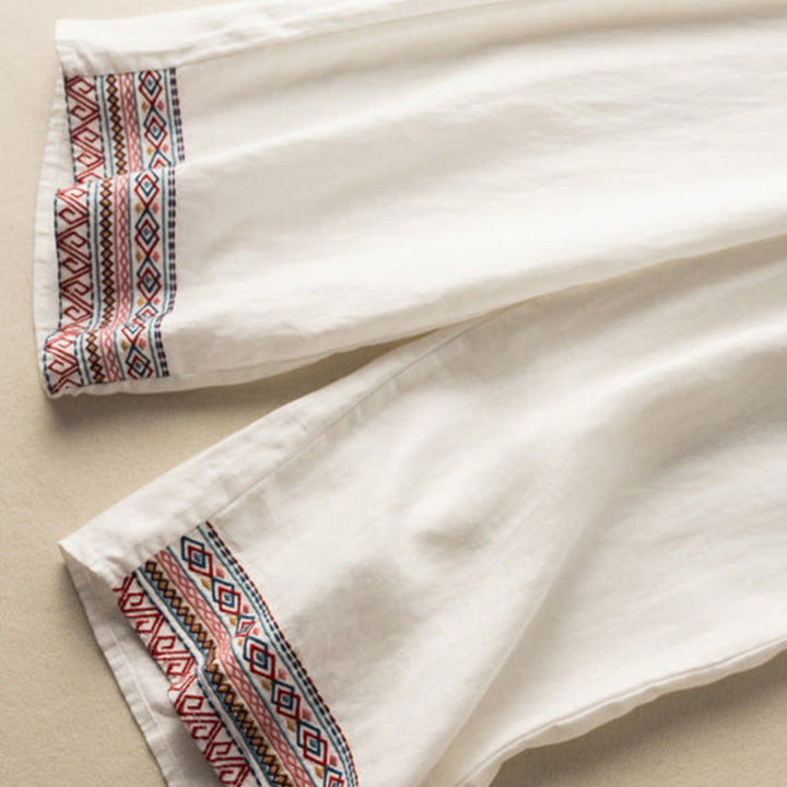 Pantalon large en coton et lin pour femme, Buddha Stones , brodé, motif bohème, avec cordon de serrage, avec poches