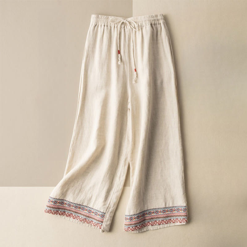 Pantalon large en coton et lin pour femme, Buddha Stones , brodé, motif bohème, avec cordon de serrage, avec poches