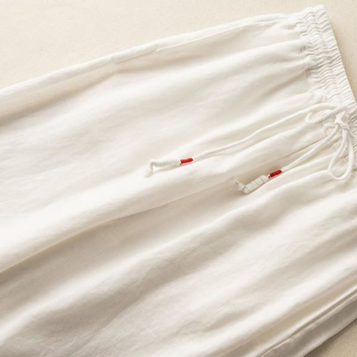 Pantalon large en coton et lin pour femme, Buddha Stones , brodé, motif bohème, avec cordon de serrage, avec poches