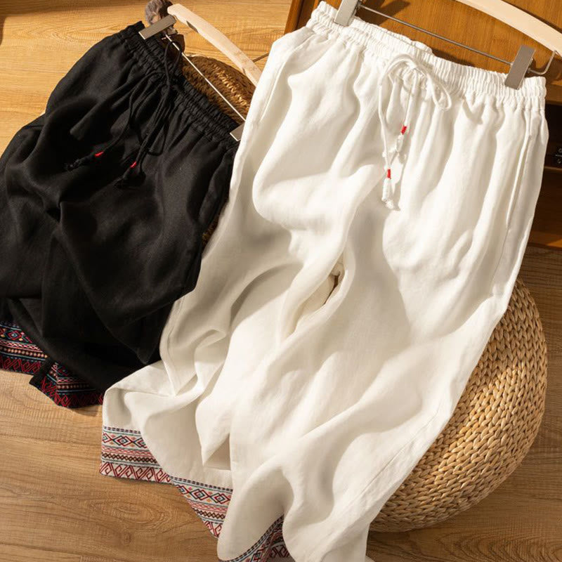 Pantalon large en coton et lin pour femme, Buddha Stones , brodé, motif bohème, avec cordon de serrage, avec poches