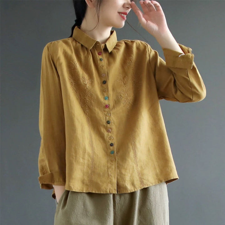 Chemise femme en coton et lin à manches longues et boutons colorés avec broderie printanière et Buddha Stones