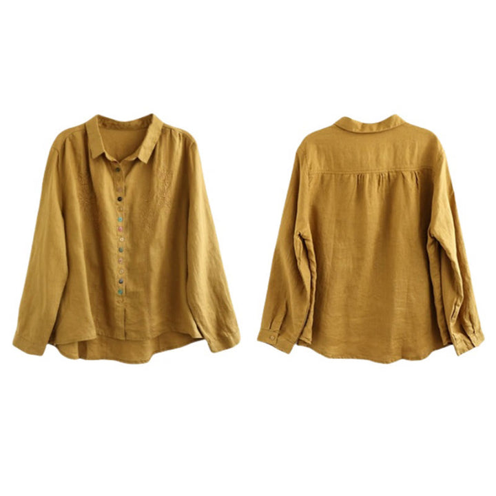 Chemise femme en coton et lin à manches longues et boutons colorés avec broderie printanière et Buddha Stones