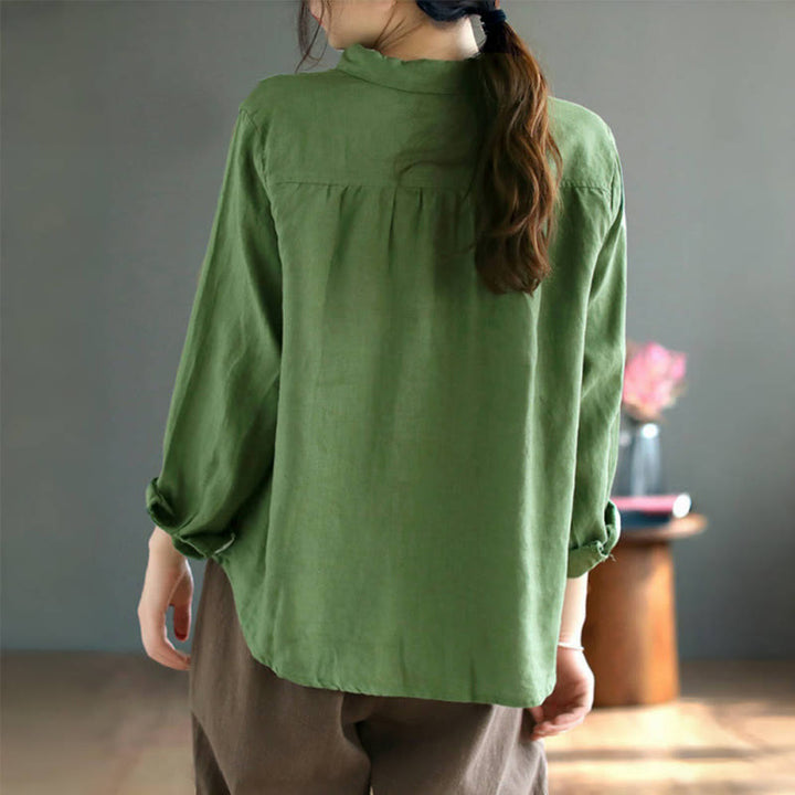 Chemise femme en coton et lin à manches longues et boutons colorés avec broderie printanière et Buddha Stones
