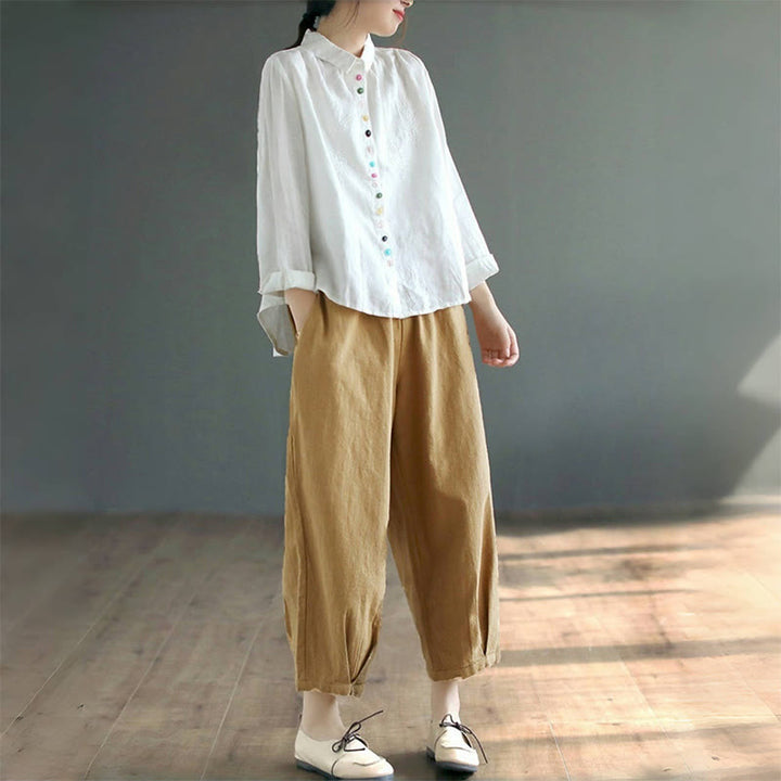 Chemise femme en coton et lin à manches longues et boutons colorés avec broderie printanière et Buddha Stones