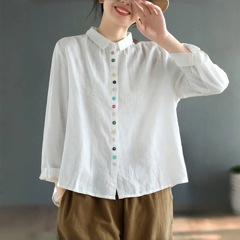 Chemise femme en coton et lin à manches longues et boutons colorés avec broderie printanière et Buddha Stones