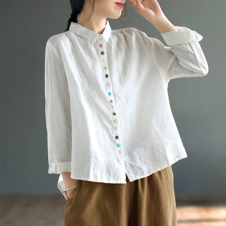 Chemise femme en coton et lin à manches longues et boutons colorés avec broderie printanière et Buddha Stones - Blanc - US12，UK/AU16，EU44 (2XL) - image 5