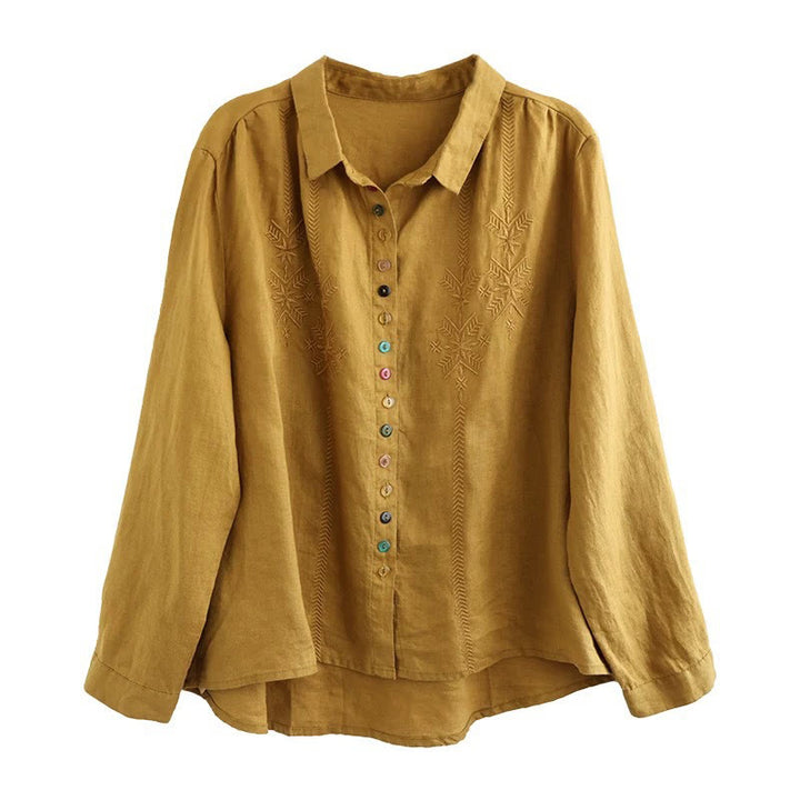 Chemise femme en coton et lin à manches longues et boutons colorés avec broderie printanière et Buddha Stones