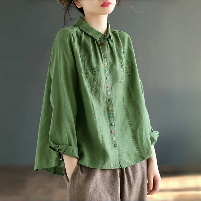 Chemise femme en coton et lin à manches longues et boutons colorés avec broderie printanière et Buddha Stones