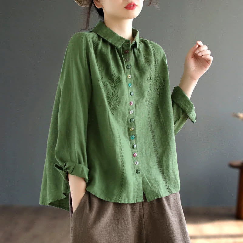 Chemise femme en coton et lin à manches longues et boutons colorés avec broderie printanière et Buddha Stones