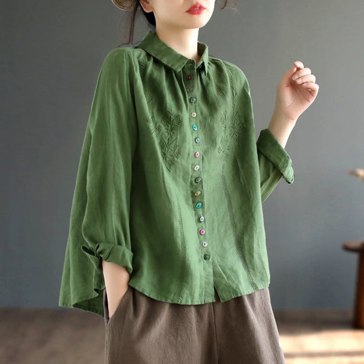 Chemise femme en coton et lin à manches longues et boutons colorés avec broderie printanière et Buddha Stones