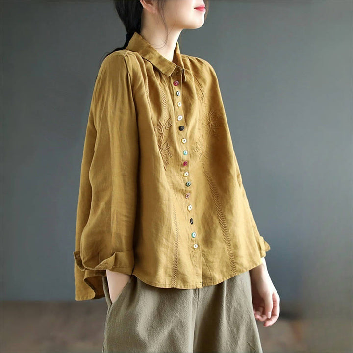 Chemise femme en coton et lin à manches longues et boutons colorés avec broderie printanière et Buddha Stones
