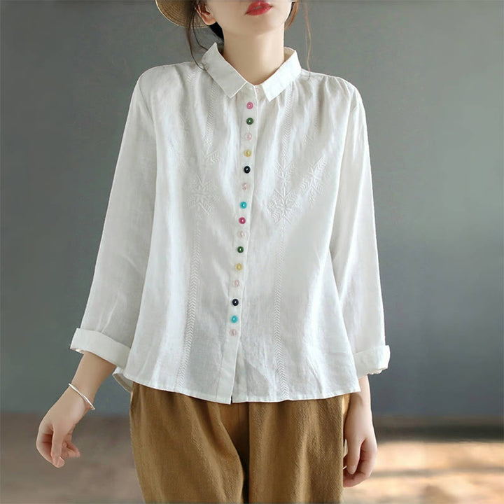 Chemise femme en coton et lin à manches longues et boutons colorés avec broderie printanière et Buddha Stones
