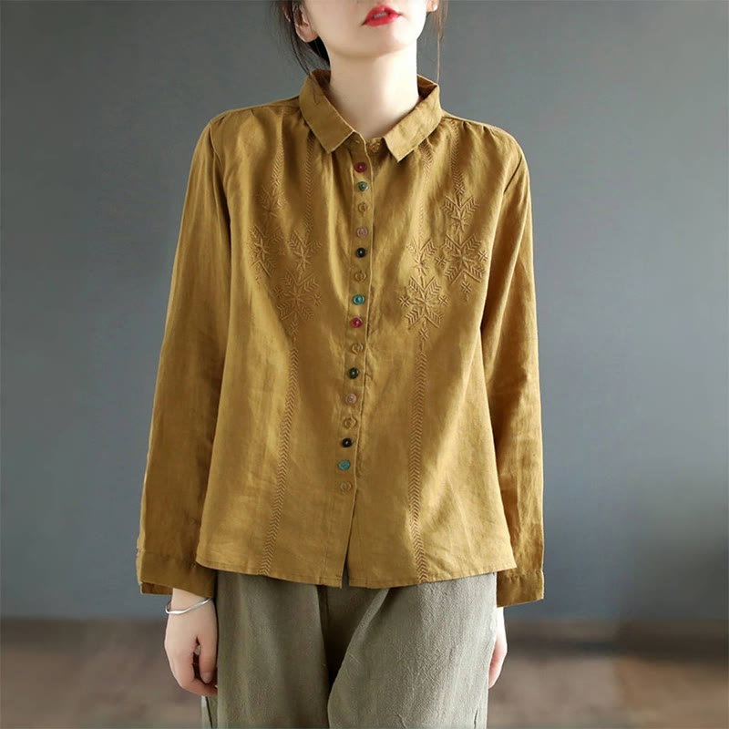 Chemise femme en coton et lin à manches longues et boutons colorés avec broderie printanière et Buddha Stones