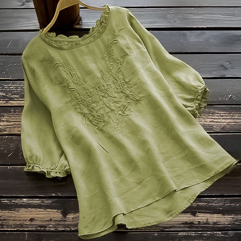 T-shirt décontracté en coton et lin avec broderie Buddha Stones et manches bouffantes, col ras du cou et volants pour femme - Vert clair - US14，UK/AU18，EU46 (4XL) - image 0