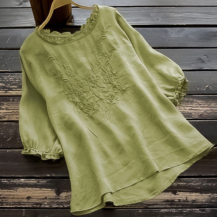T-shirt décontracté en coton et lin avec broderie Buddha Stones et manches bouffantes, col ras du cou et volants pour femme