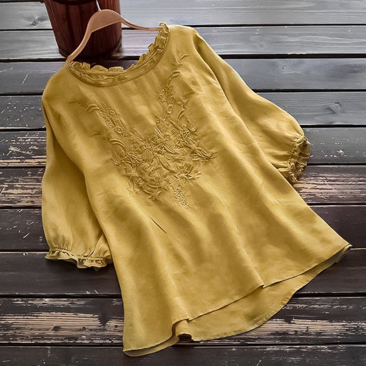 T-shirt décontracté en coton et lin avec broderie Buddha Stones et manches bouffantes, col ras du cou et volants pour femme - Or - US14，UK/AU18，EU46 (4XL) - image 12