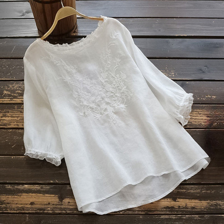 T-shirt décontracté en coton et lin avec broderie Buddha Stones et manches bouffantes, col ras du cou et volants pour femme