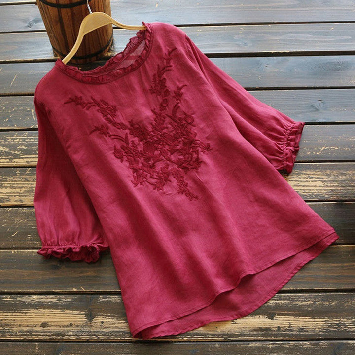 T-shirt décontracté en coton et lin avec broderie Buddha Stones et manches bouffantes, col ras du cou et volants pour femme