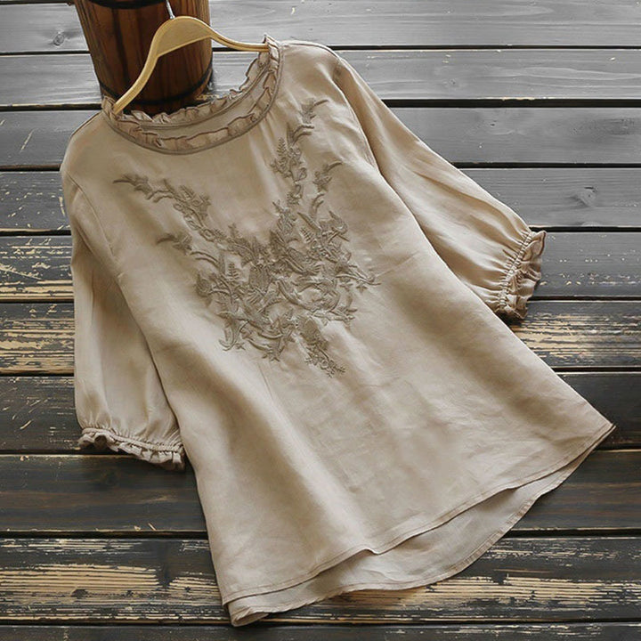 T-shirt décontracté en coton et lin avec broderie Buddha Stones et manches bouffantes, col ras du cou et volants pour femme