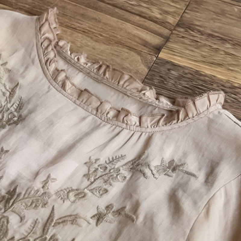 T-shirt décontracté en coton et lin avec broderie Buddha Stones et manches bouffantes, col ras du cou et volants pour femme