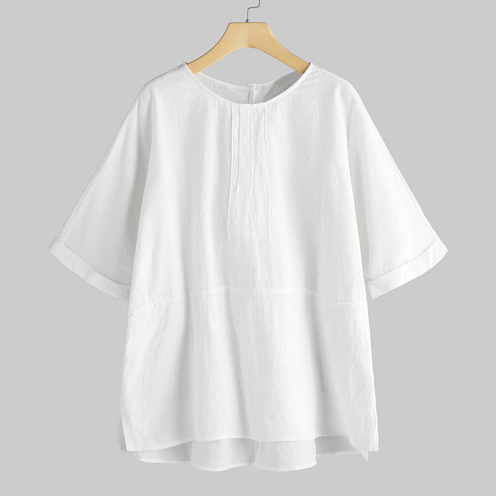 T-shirt d'été décontracté à manches mi-longues et col ras du cou pour femme, en coton et lin, avec motif Buddha Stones