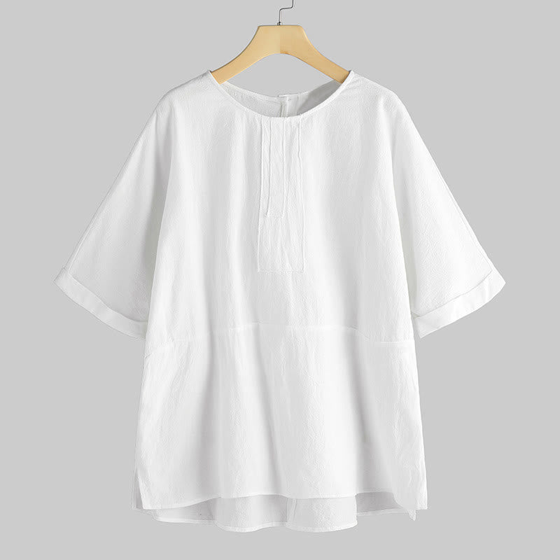 T-shirt d'été décontracté à manches mi-longues et col ras du cou pour femme avec fente latérale et motif Buddha Stones - FloralWhite - US20，UK/AU24，EU52 (5XL) - image 0