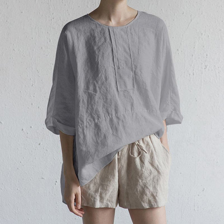 T-shirt d'été décontracté à manches mi-longues et col ras du cou pour femme, en coton, avec fente latérale et motif Buddha Stones - Argent - US20，UK/AU24，EU52 (5XL) - image 5