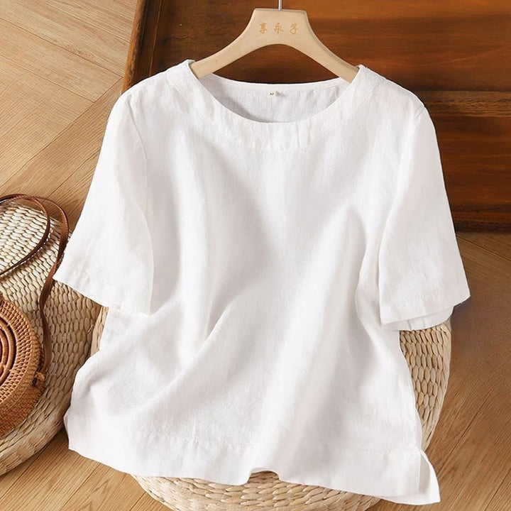 T-shirt simple uni à manches courtes et col ras du cou avec fente latérale en coton et lin pour femme Buddha Stones