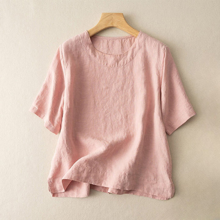 T-shirt simple uni à manches courtes et col ras du cou avec fente latérale en coton et lin pour femme Buddha Stones